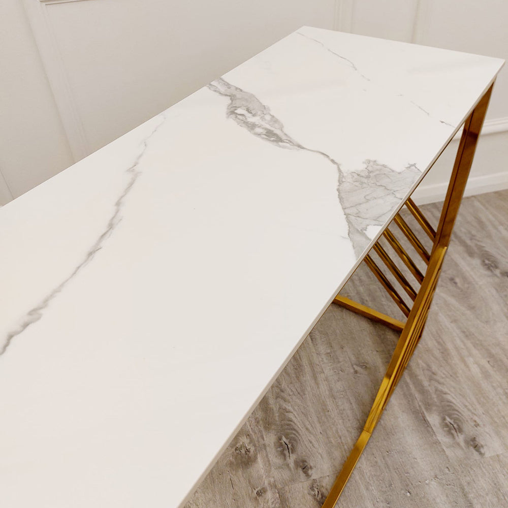 **PROMO** Azure Gold Console Table with Polar White Sintered Top