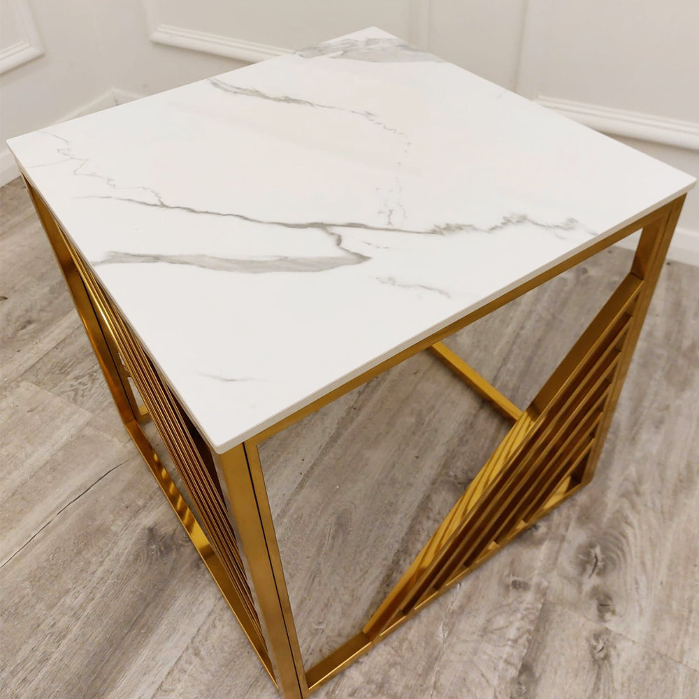 **PROMO** Azure Gold Lamp Table with Polar White Sintered Top