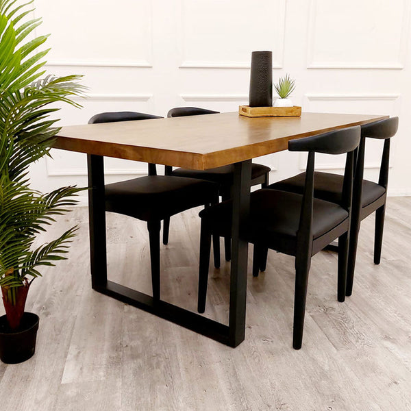 Freya 1.8M Solid Dark Pine Wood Dining Table, Black Metal Legs