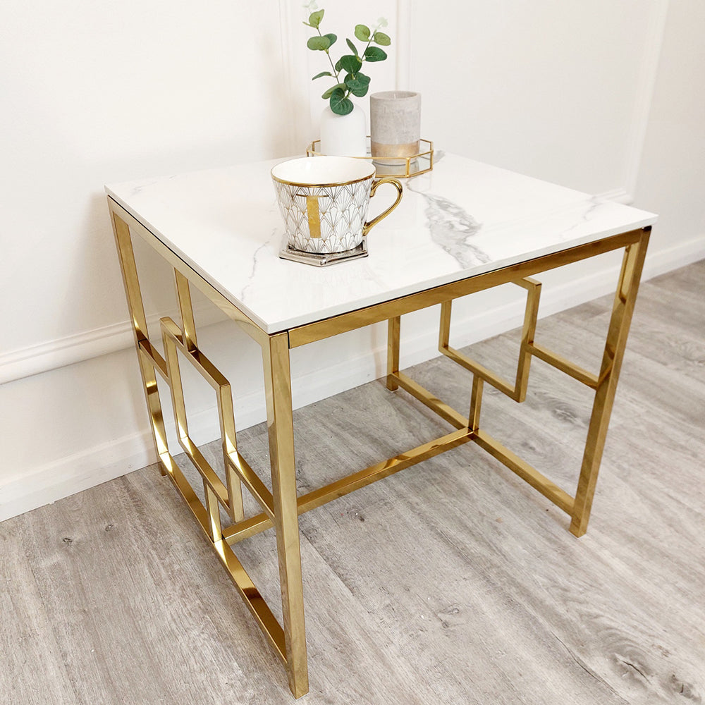 **PROMO** Geo Gold Lamp Table with Polar White Sintered Top