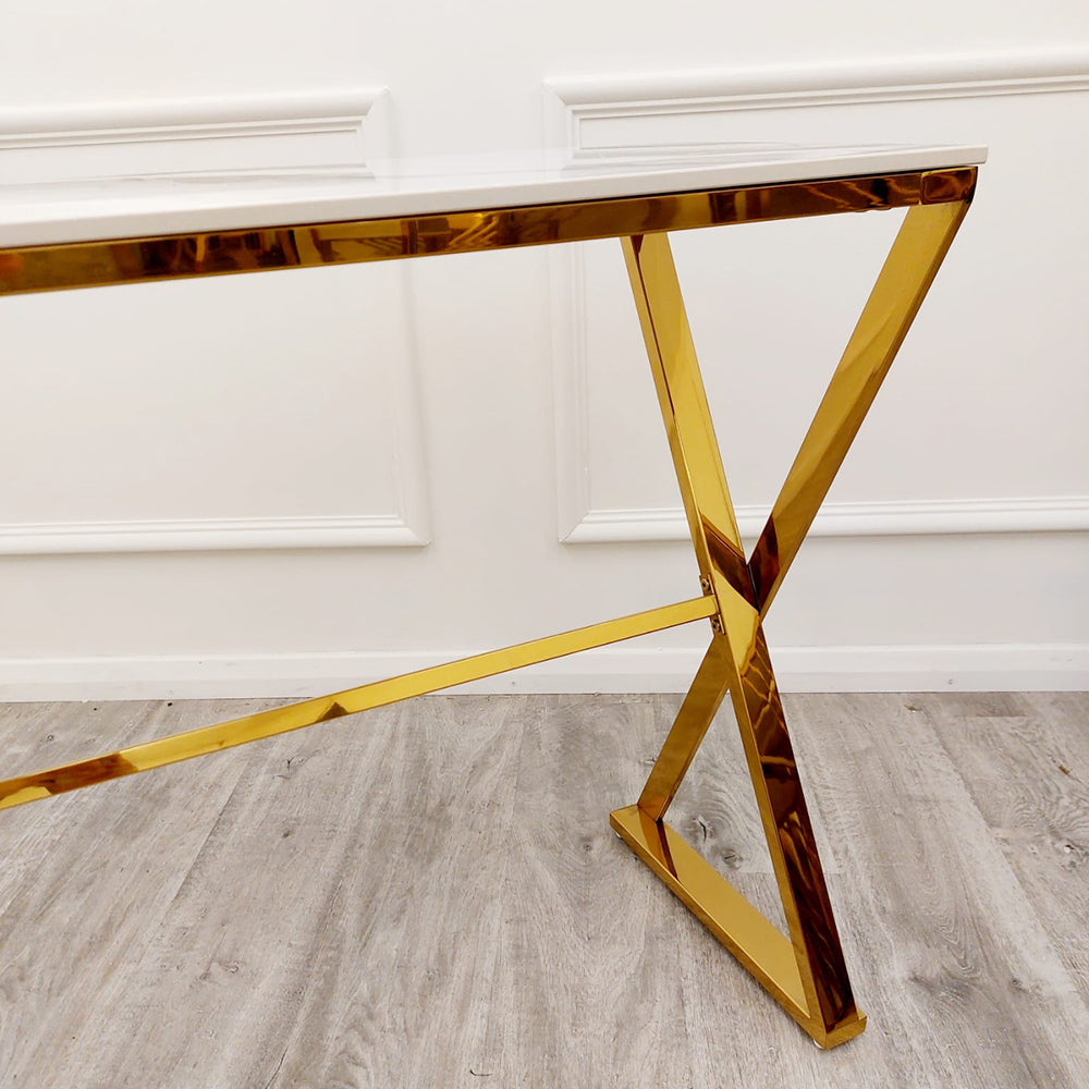 **PROMO** Zion Gold Console Table with Polar White Sintered Top