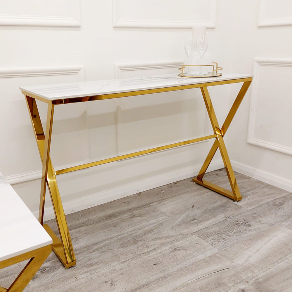 **PROMO** Zion Gold Console Table with Polar White Sintered Top