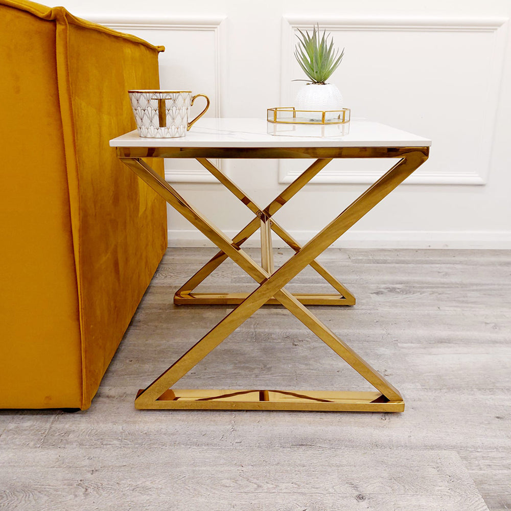 **PROMO** Zion Gold Lamp Table with Polar White Sintered Top